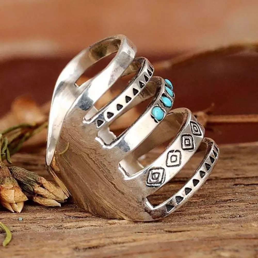🌈LAST ONE🌈 Sz 7 Boho Silver Geometric Pattern Antique Thumb Finger Ring - Picture 3 of 11